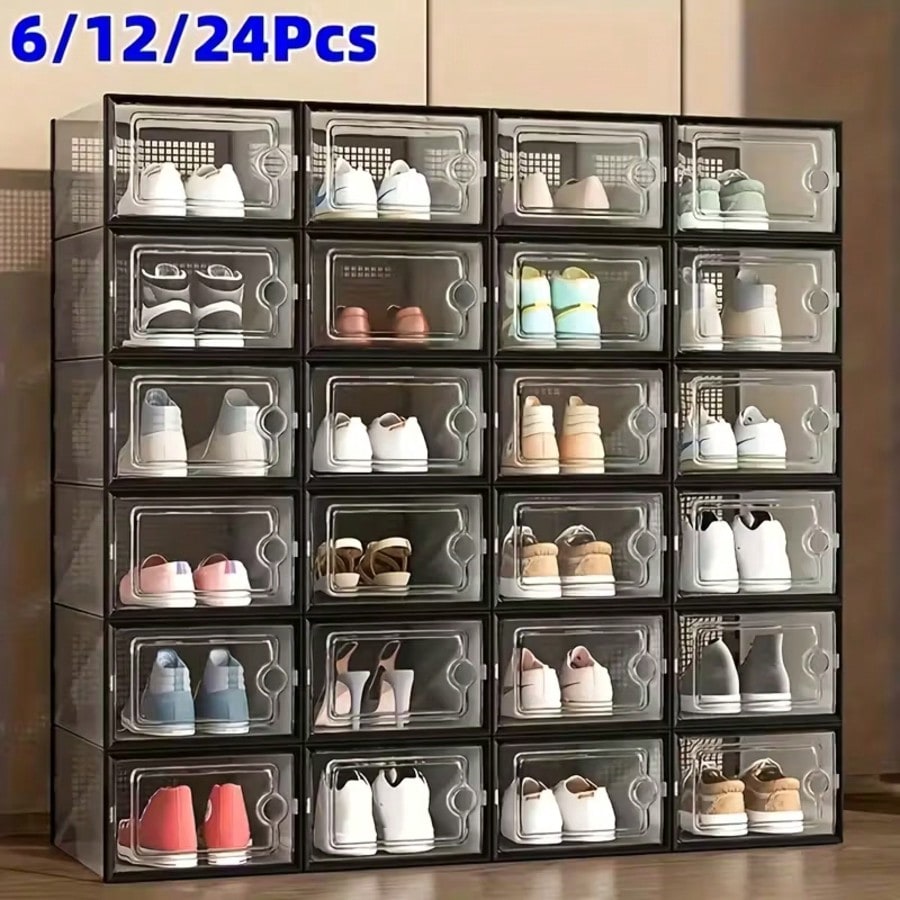 Shoe Box Display - 6/12/24個入り 厚みのある透明な靴箱 蓋付き、折りたたみ式で積み重ね可能な自由に組み合わせられる靴ラック、プラスチック製スニーカーコンテナ、省スペース収納オーガナイザー 玄関、寝室用、家庭用靴箱、靴ラック、靴収納オーガナイザー棚
